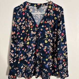 Ann Taylor navy floral long sleeve blouse. Large petite. Like new.